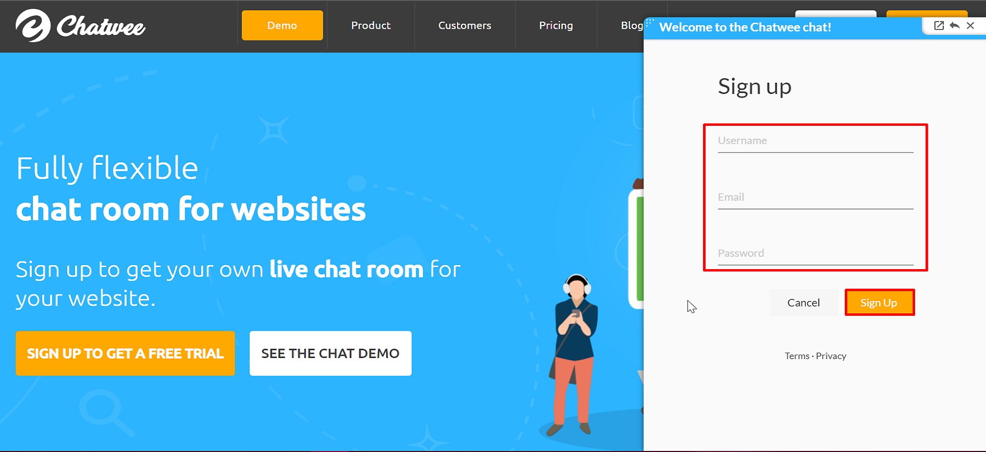 Chatwee live chat login options